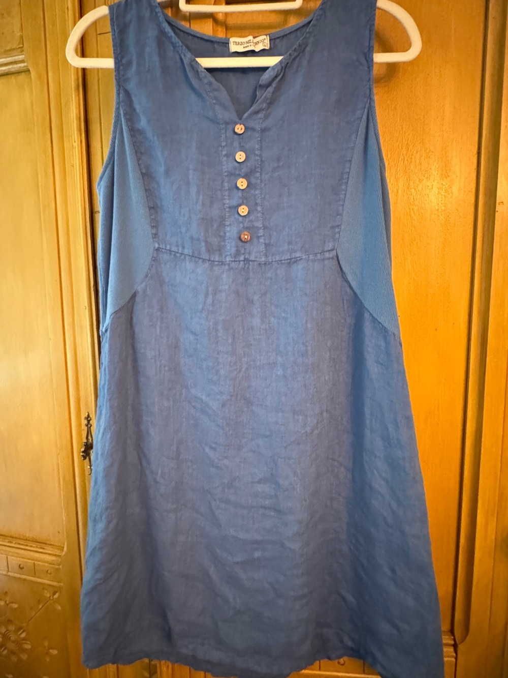 Terzo Millennio Made Italy 100% Linen Blue Sleeveless Tunic Dress L Lagenlook